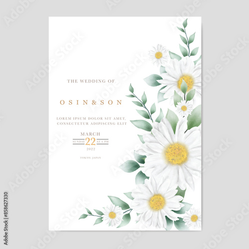 wedding invitation card with flower daisy watercolor
