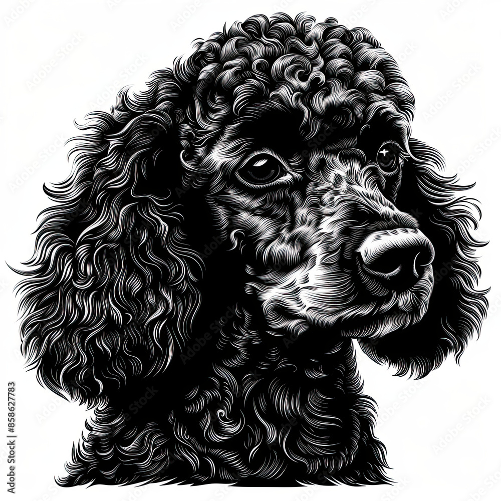 A black and white drawing of a poodle dog A black and white drawing of a poodle dog