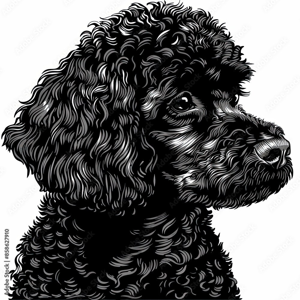 A black and white drawing of a poodle dog A black and white drawing of a poodle dog