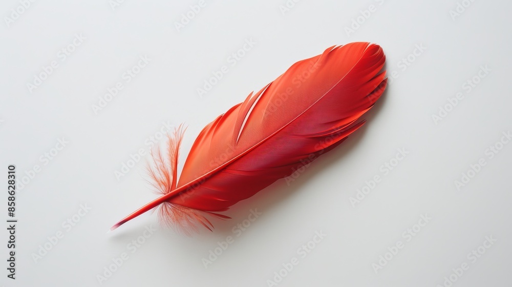 Red feather isolated on white background, minimalist concept Red feather isolated on white background, minimalist concept
