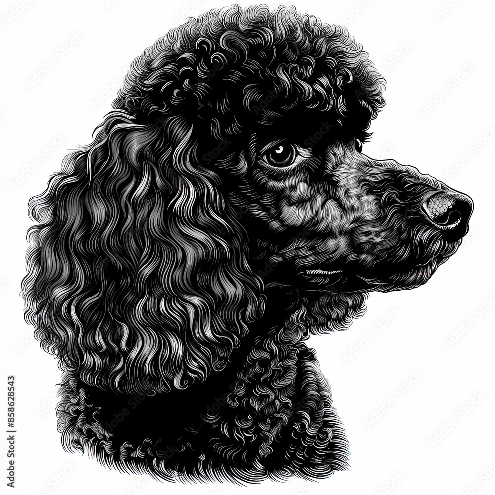 A black and white drawing of a poodle dog A black and white drawing of a poodle dog