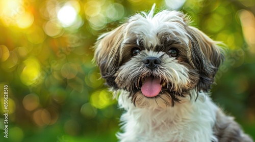 Cute Shih tzu puppy sticking out tongue for camera with trees in background