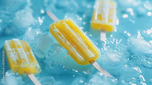 refreshing yellow popsicles melting on icy blue background summer treat concept
