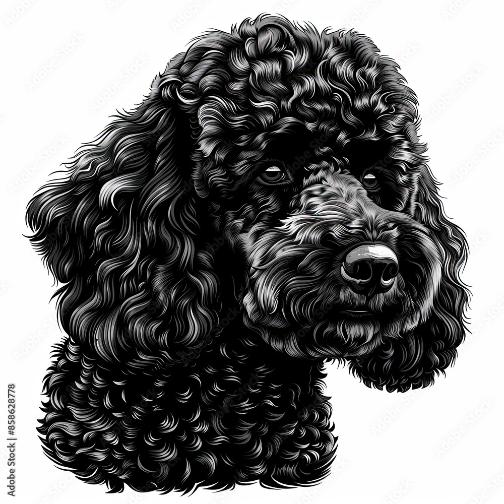 A black and white drawing of a poodle dog A black and white drawing of a poodle dog