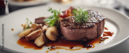 A plate of succulent beef is served at a high-end restaurant.