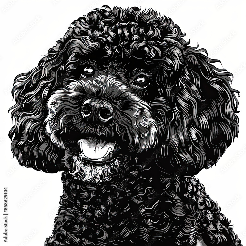 A black and white drawing of a poodle dog A black and white drawing of a poodle dog