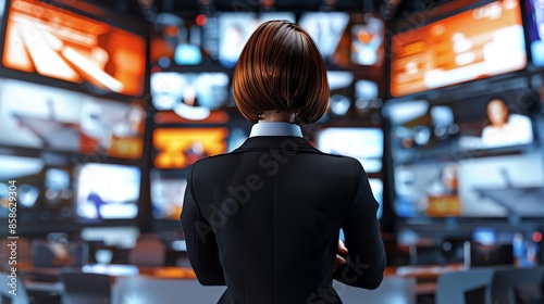 Woman in control room monitors multiple screens, demonstrating technology, communication, and modern media operations.