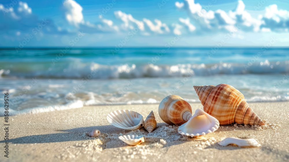 vibrant seashells on sandy beach with waves in background vibrant seashells on sandy beach with waves in background