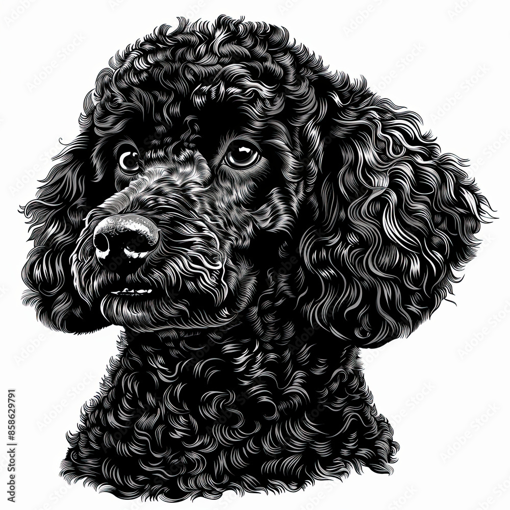 A black and white drawing of a poodle dog A black and white drawing of a poodle dog