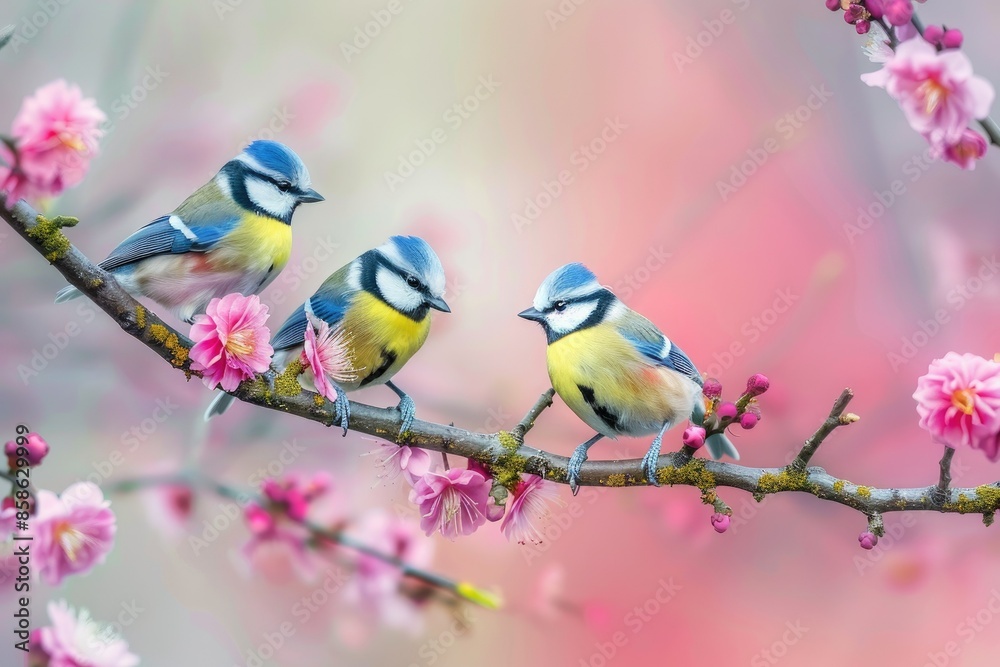 Blue tits perched on cherry blossom branch in spring Blue tits perched on cherry blossom branch in spring
