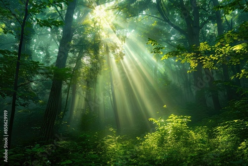 Beautiful summer morning light in lush green forest