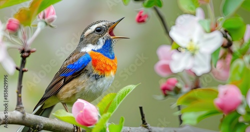 Blue male bluethroat bird sings on blooming pink apple tree branch in sunny spring garden
