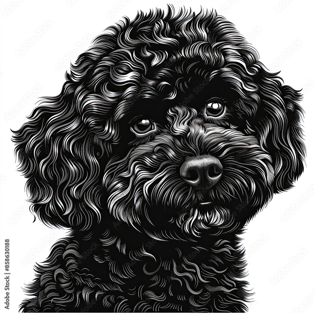A black and white drawing of a poodle dog A black and white drawing of a poodle dog