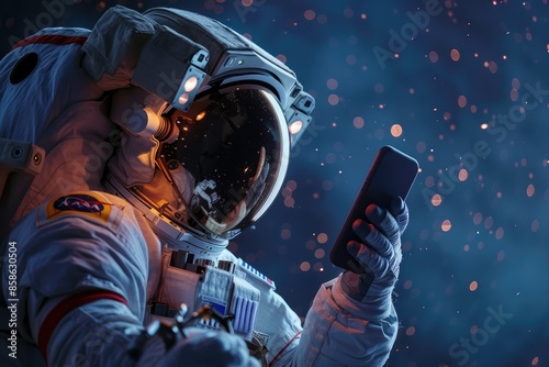 Caucasian female astronaut snapping photos and sending messages with phone in space
