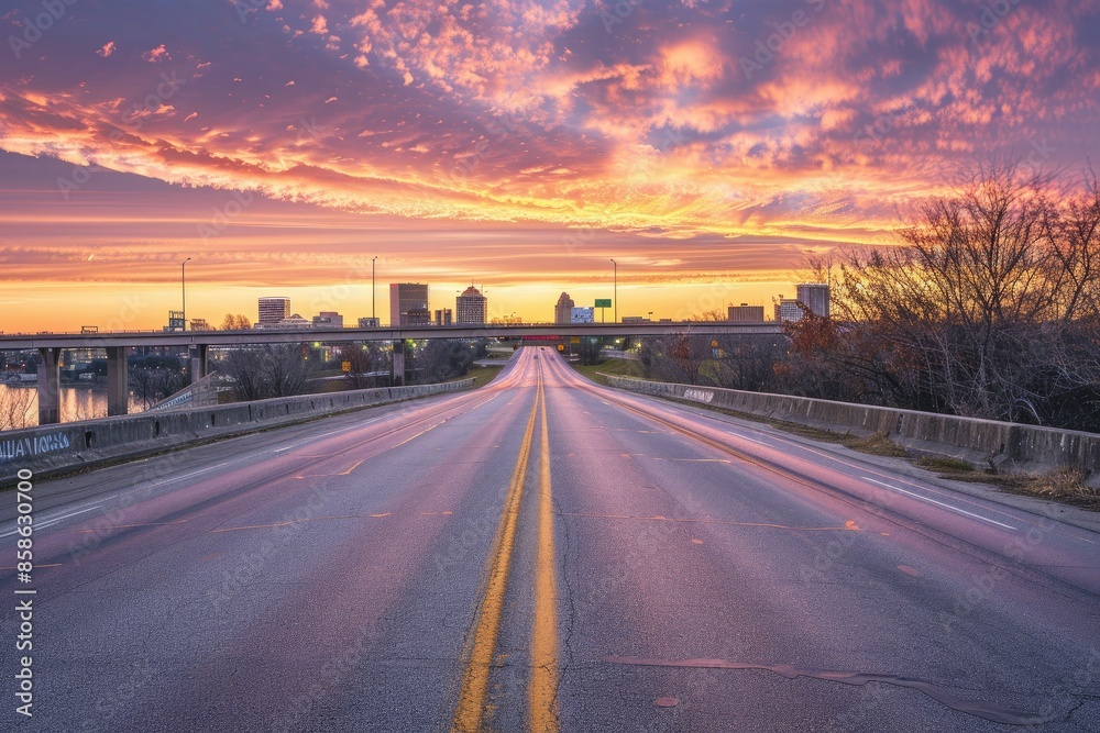 City skyline at sunset with an asphalt road and bridge City skyline at sunset with an asphalt road and bridge