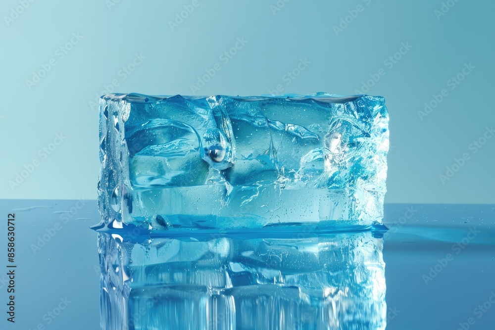 Clear blue textured ice block on reflective surface with clipping path