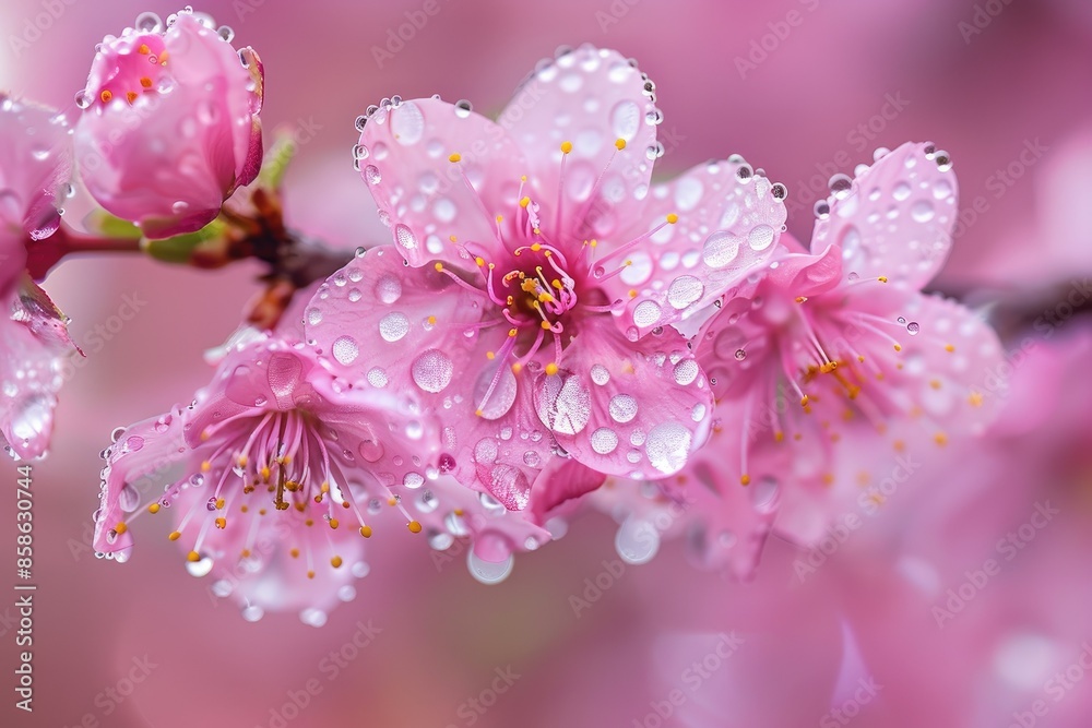 Close up photo of pink cherry blossom branch with dew droplets Close up photo of pink cherry blossom branch with dew droplets