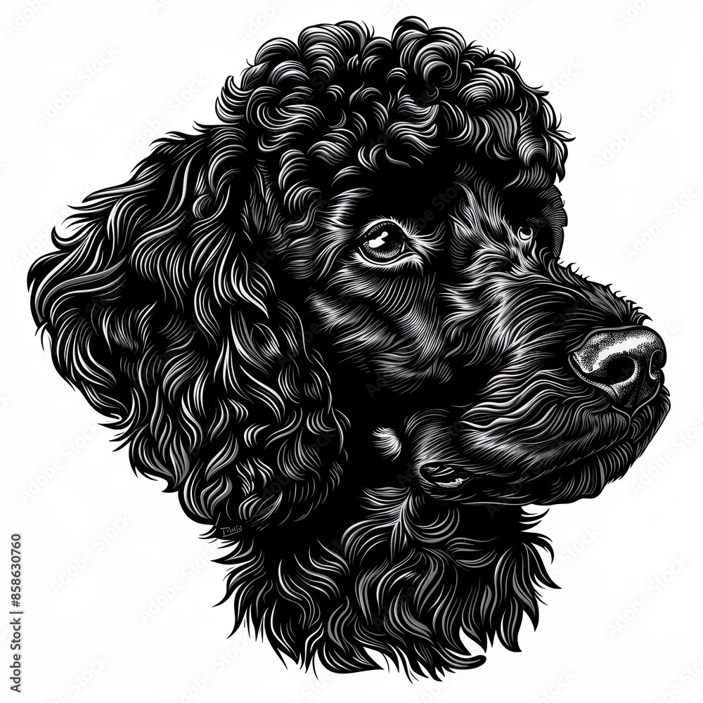 A black and white drawing of a poodle dog A black and white drawing of a poodle dog