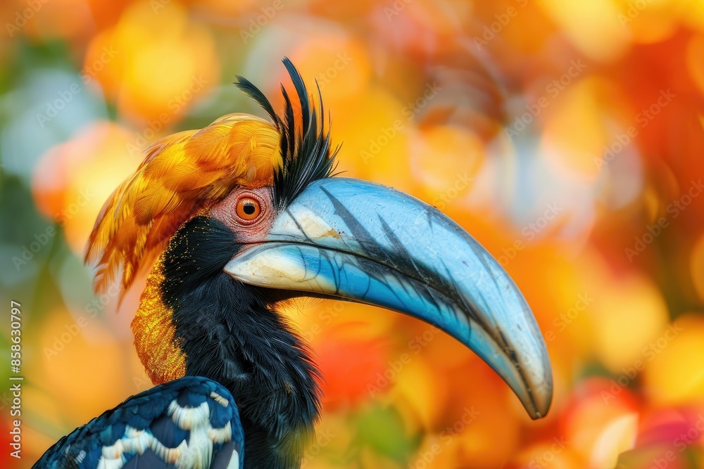 Naklejka premium Colorful Indonesian bird Knobbed Hornbill Aceros cassidix with gold feathers on blue neck against bl