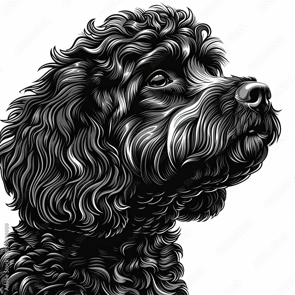 A black and white drawing of a poodle dog A black and white drawing of a poodle dog