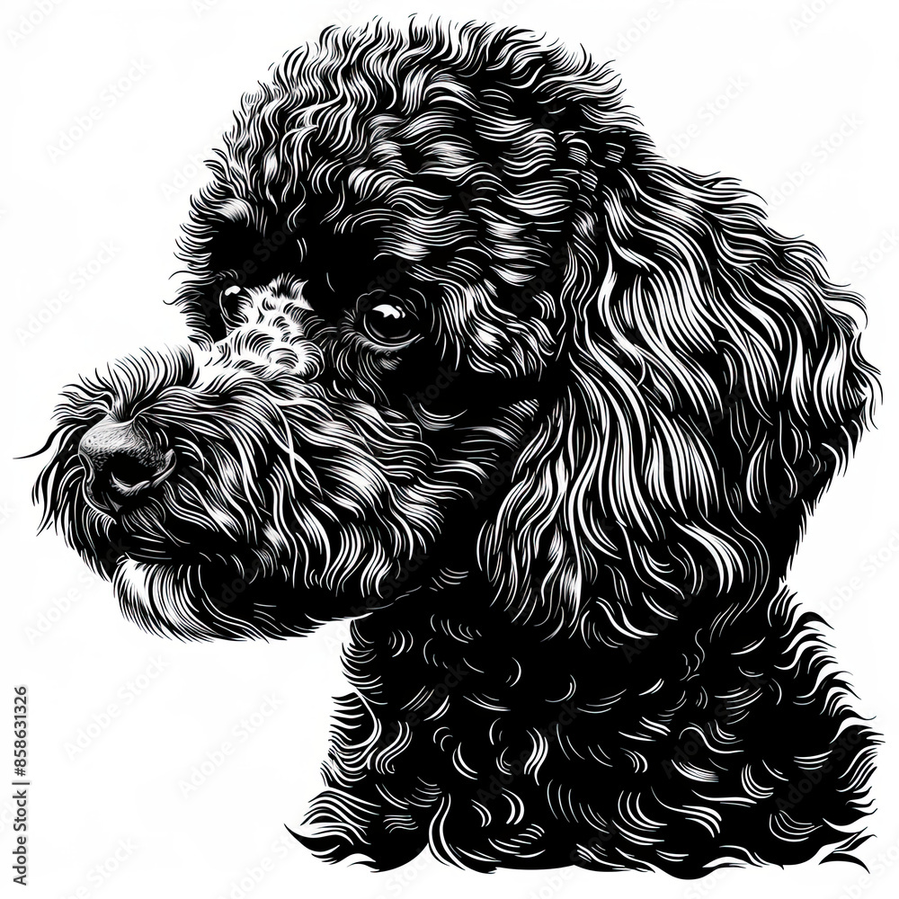 A black and white drawing of a poodle dog A black and white drawing of a poodle dog