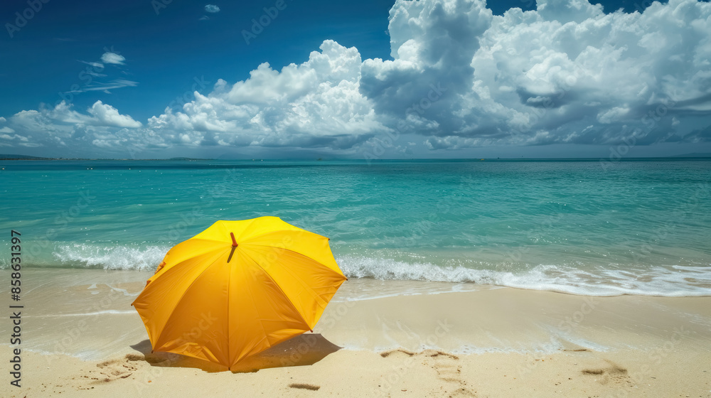 yellow umbrella on tropical beach with turquoise sea and clear skies yellow umbrella on tropical beach with turquoise sea and clear skies