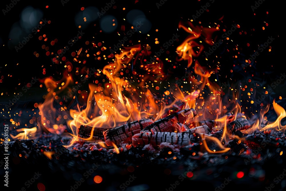 Fire burning on black backdrop Flames in forest sparks in darkness Fuel ignites on black surface Fire burning on black backdrop Flames in forest sparks in darkness Fuel ignites on black surface