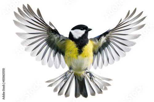 Flying great tit isolated on white background