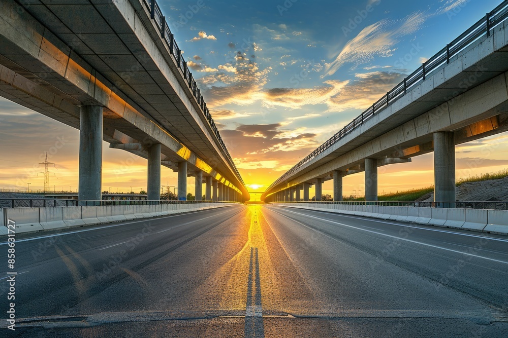 Highway under overpass at sunset Highway under overpass at sunset
