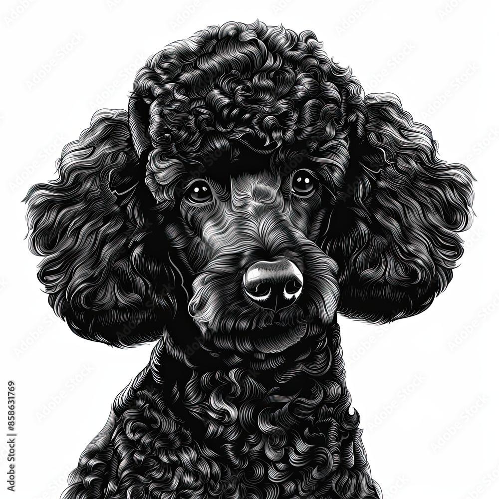A black and white drawing of a poodle dog A black and white drawing of a poodle dog