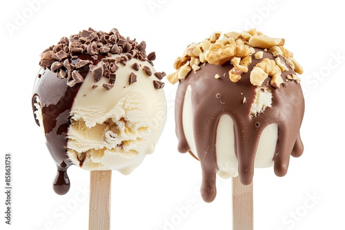 Ice cream dipped in white and milk chocolate with nuts on sticks against white background photo