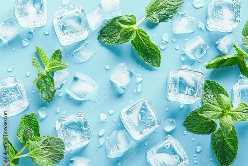Ice cubes and mint leaves on blue background