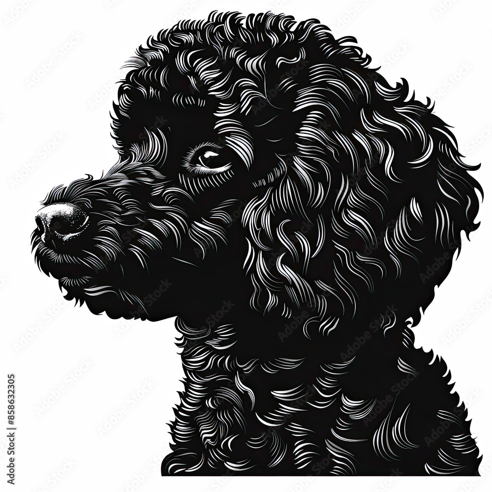 A black and white drawing of a poodle dog A black and white drawing of a poodle dog