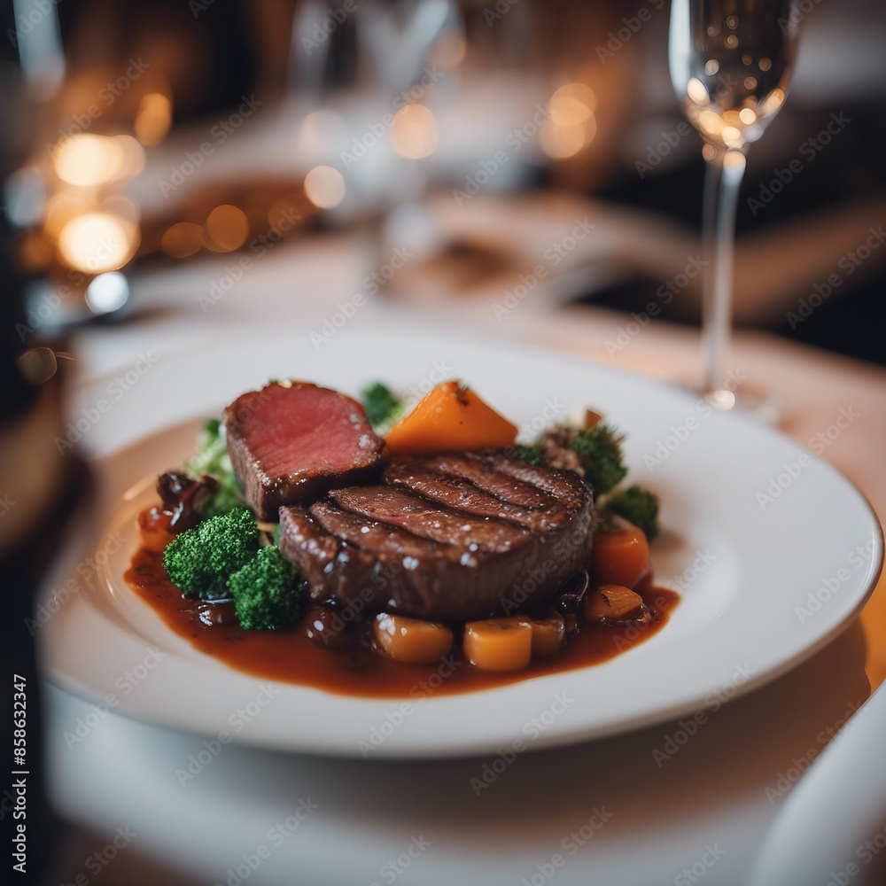 A plate of succulent beef is served at a high-end restaurant. A plate of succulent beef is served at a high-end restaurant.