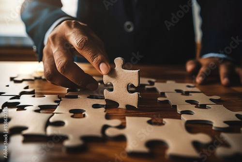 A man is holding a puzzle piece in his hand