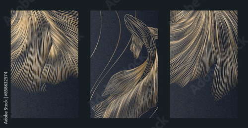 Luxury set of posters with koi fish and hand drawn art line pattern in gold color. Vector set for cover design, packaging, print, wallpaper, decor, interior, textile, invitations.