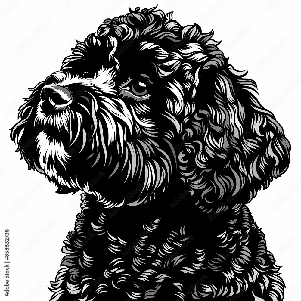 A black and white drawing of a poodle dog