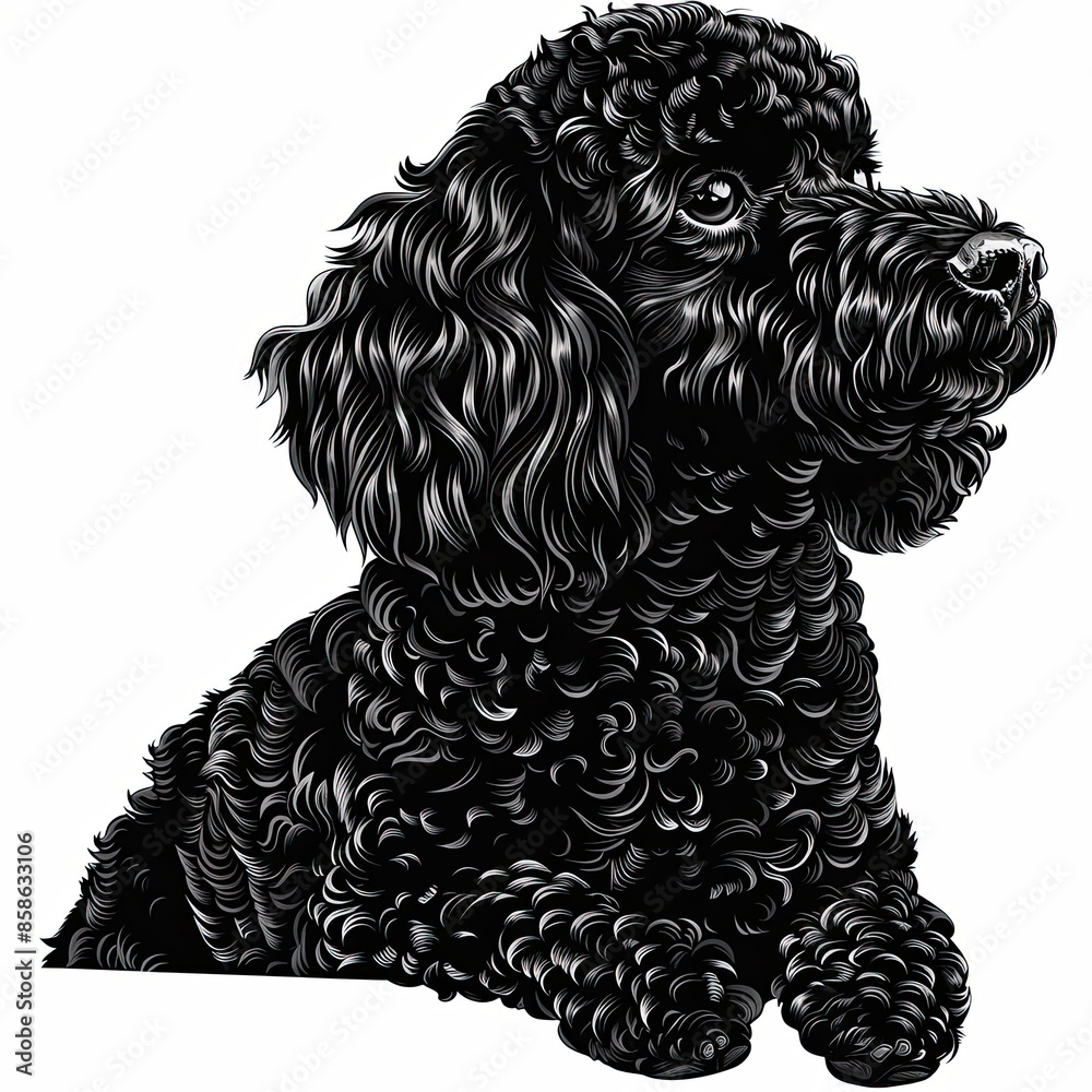 A black and white drawing of a poodle dog A black and white drawing of a poodle dog