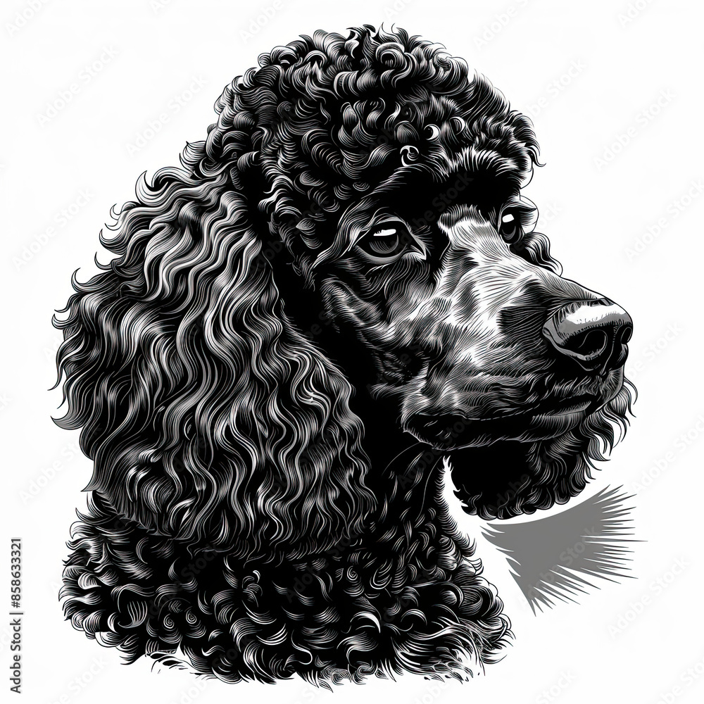 A black and white drawing of a poodle dog A black and white drawing of a poodle dog