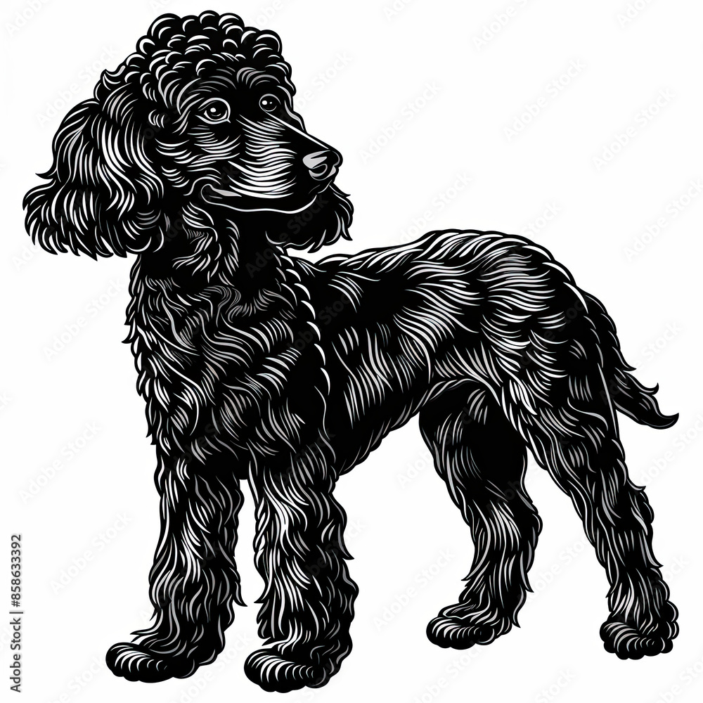 A black and white drawing of a poodle dog A black and white drawing of a poodle dog