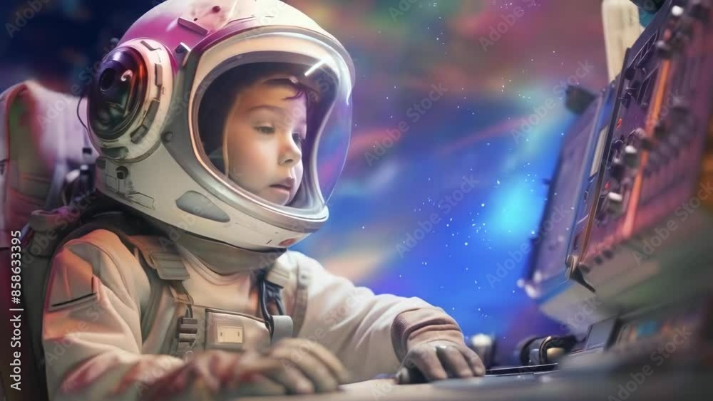 A young Caucasian child, wearing an astronaut suit, interacts with a space console. Set against a cosmic background, the child appears curious. The photo is taken indoors. A young Caucasian child, wearing an astronaut suit, interacts with a space console. Set against a cosmic background, the child appears curious. The photo is taken indoors.