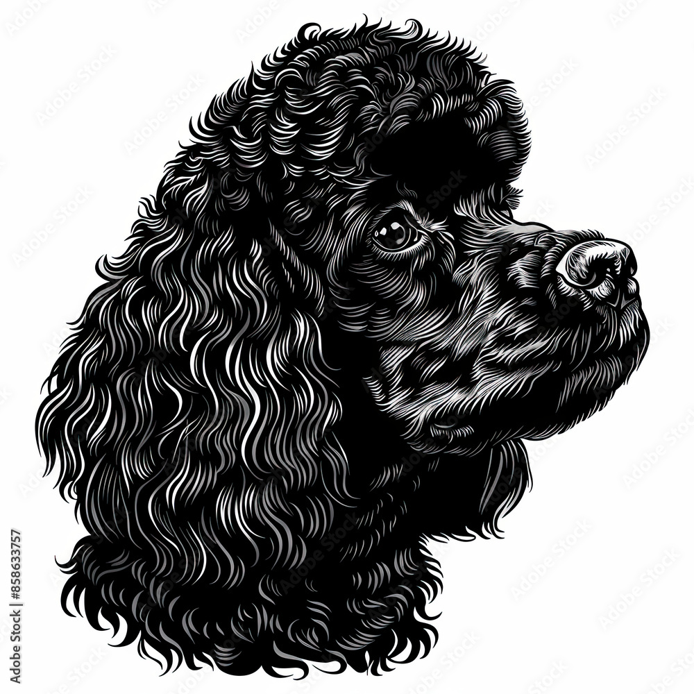 A black and white drawing of a poodle dog A black and white drawing of a poodle dog