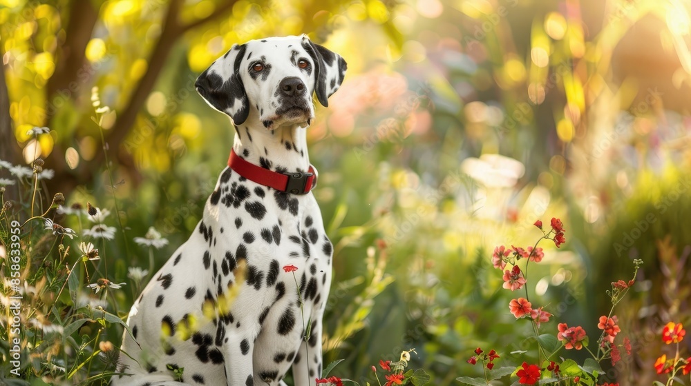 Dalmatian dog with red collar sitting in green surroundings among flowers and trees