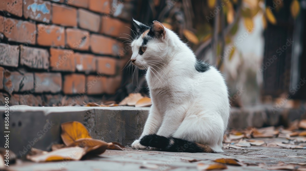 Fototapeta premium Close up pregnant white cat with black markings on vintage floor outdoors