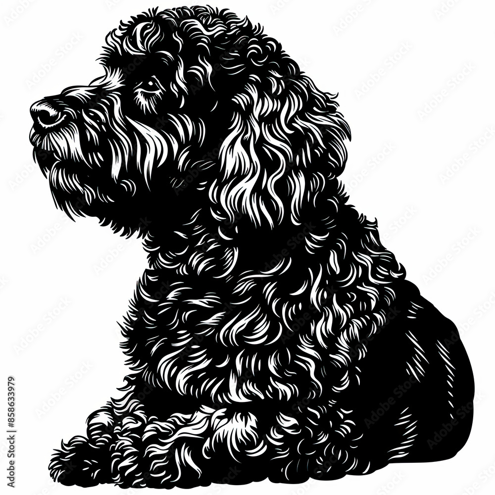 A black and white drawing of a poodle dog A black and white drawing of a poodle dog