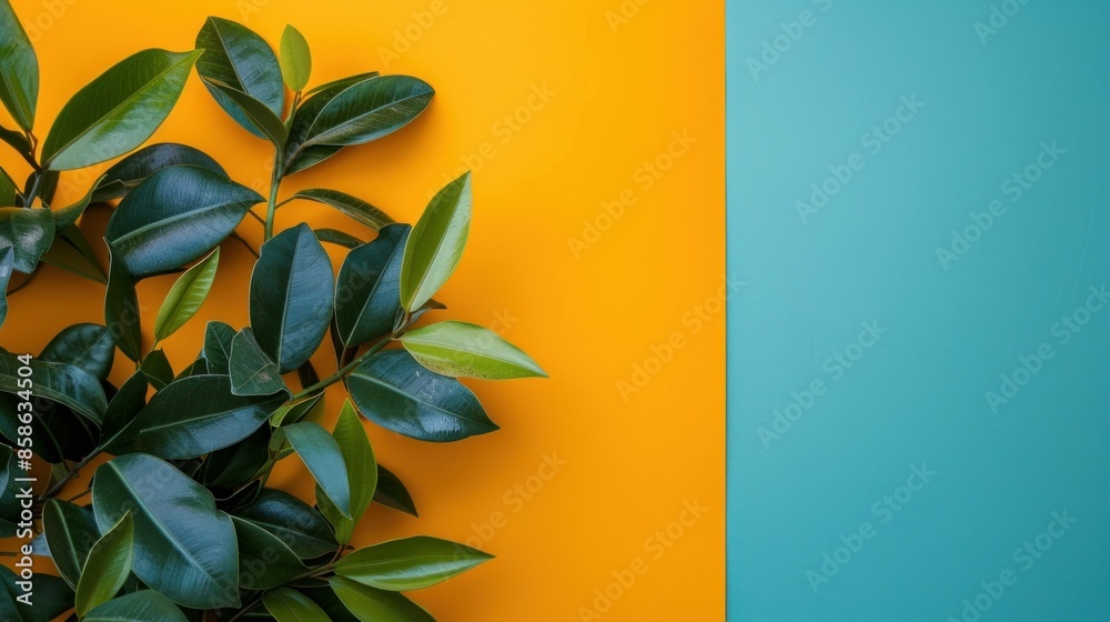 Green plant on vibrant orange and blue background with copy space, flat lay top view, nature and beauty concept Green plant on vibrant orange and blue background with copy space, flat lay top view, nature and beauty concept