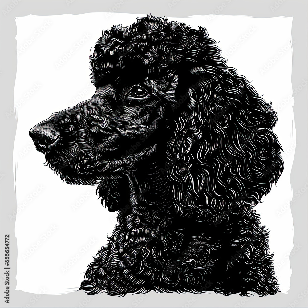 A black and white drawing of a poodle dog A black and white drawing of a poodle dog