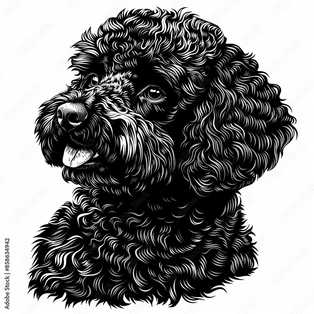 A black and white drawing of a poodle dog A black and white drawing of a poodle dog