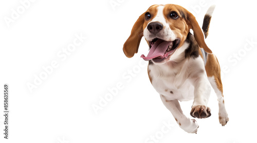 Full body shot of Beagle dog, running happily, smiling.