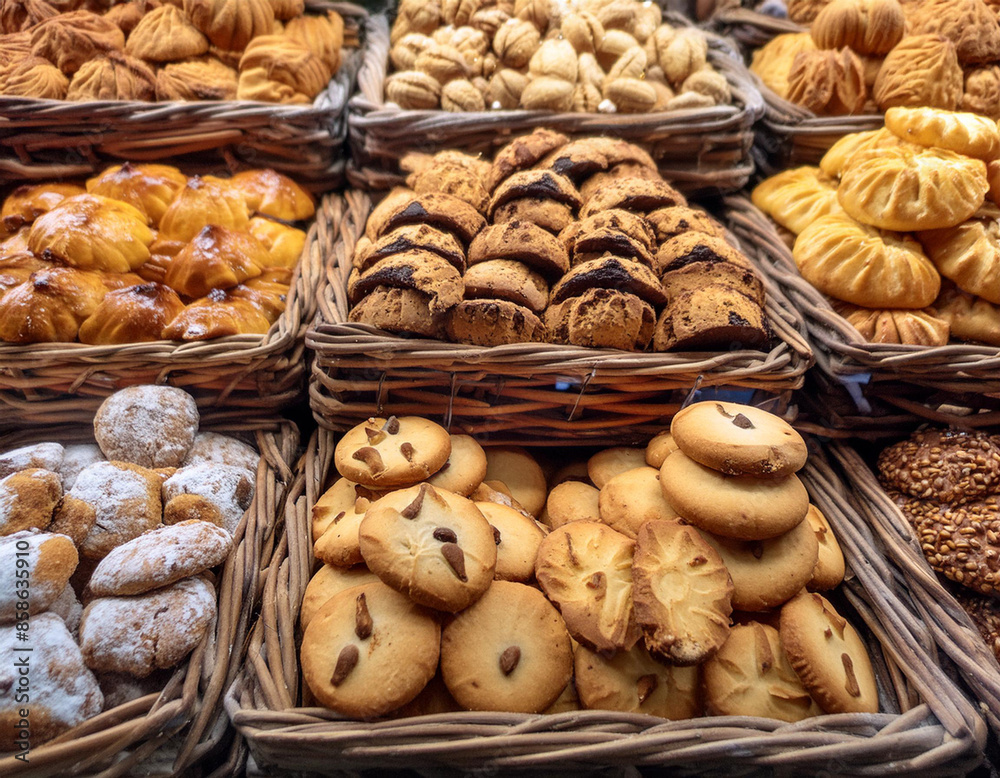 Landscape closeup view of basket trays with a variety of freshly baked butter cookies and other delectable treats.